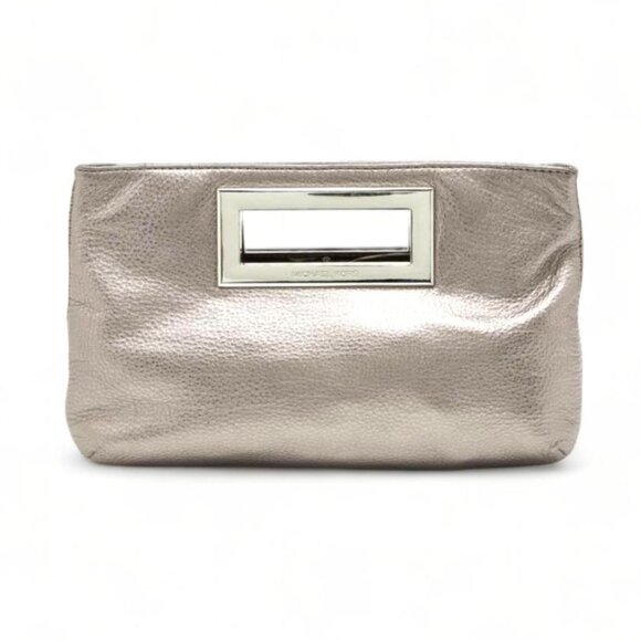 VINTAGE - Michael Kors Metallic Grey Leather Ponyhair Top Handle Frame Clutch - Picture 1 of 4